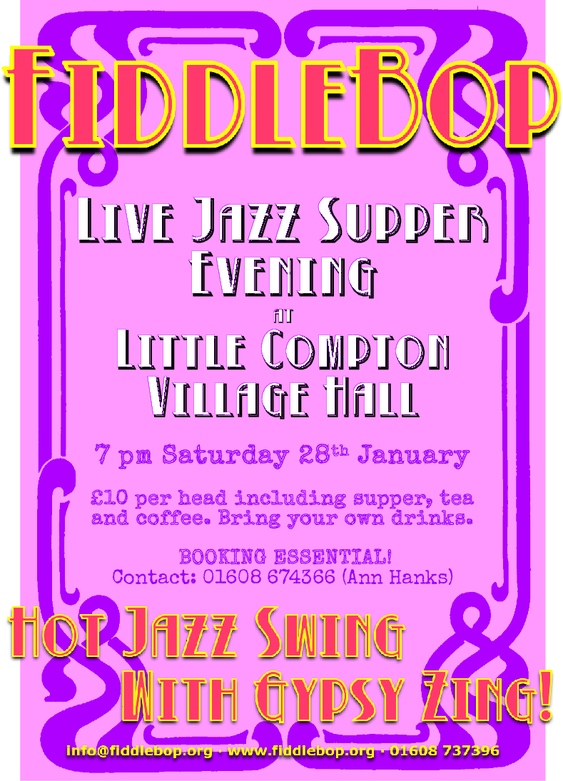 Live Jazz Supper Evening with FiddleBop, at Little Compton Village Hall, 28 January 2017