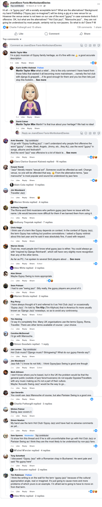 Part of the discussion on 'is gypsy jazz still a socially acceptable term?' on the Gypsy Jazz UK Facebook group