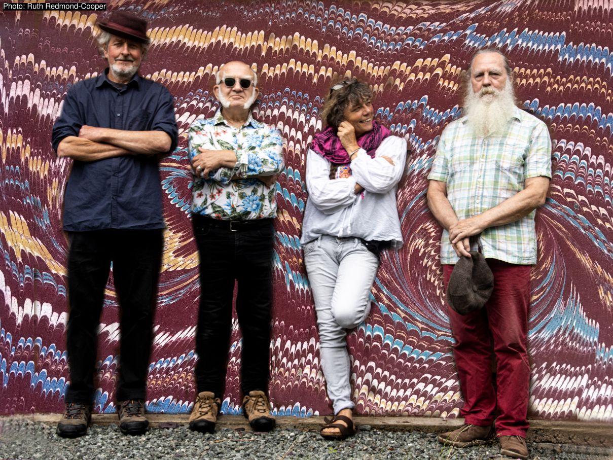 The Fiddleboppers, standing next to a rather psychedelic wall. Paul still has his beard