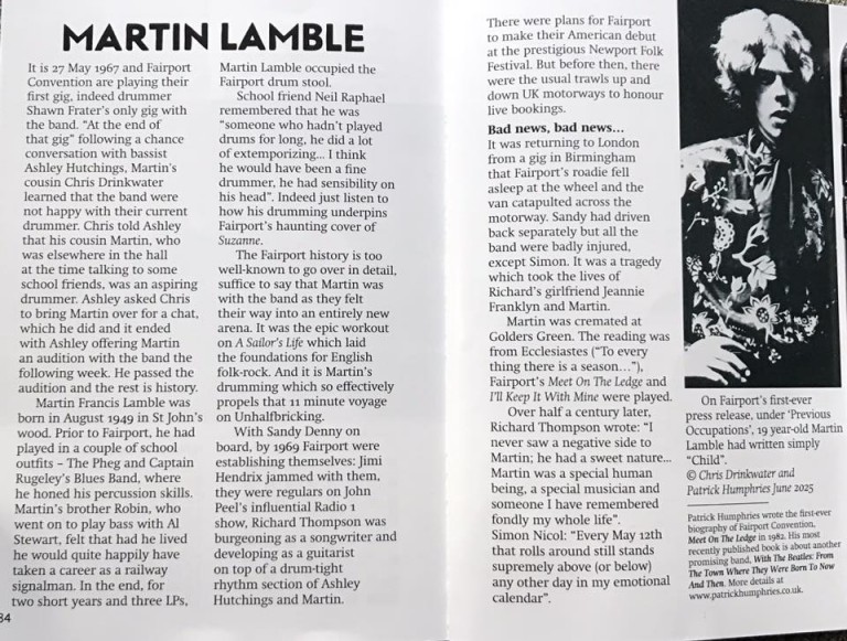 The tribute to Martin Lamble in the Fairport Cropredy programme 2025