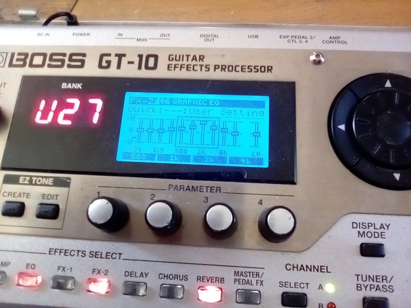 Later in the effects chain on Dave's Boss GT-10 effects unit, roughly the same frequencies that were cut earlier in the chain are now boosted. This helps to give an even frequency response after removing piezo quack