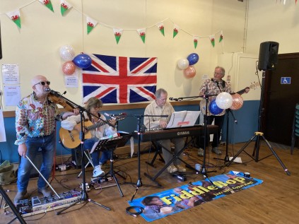 FiddleBop plays for the community celebration of the 80th Anniversary of VE Day, at Erwood Market Hall