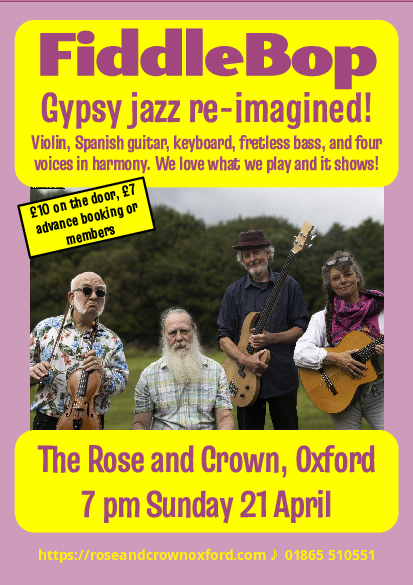 FiddleBop poster for the Rose and Crown, Oxford, 21 April 2024