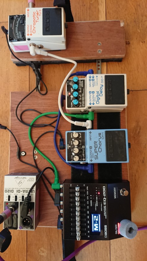 Jo's pedalboard: her Boss EQ-200 pedal is set up to switch between her strumming EQ/volume, and her picking EQ/volume. The on/off switch (which she doesn't use) is protected from accidental mid-gig footpresses by the grey circle of water pipe insulation. The send to her Headway backline amp and (for larger gigs) the send to the PA are both from the Behringer DI-120