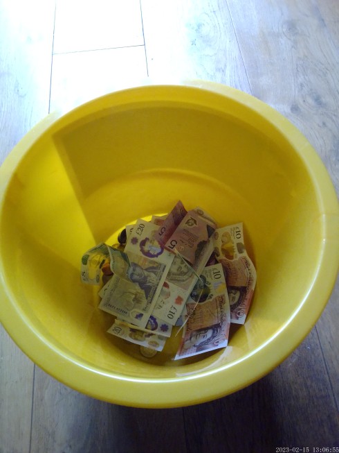 Money collected for Ukraine when FiddleBop played at the Muse, Brecon, on Valentine's Day 2023