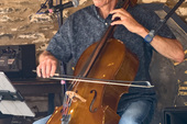 Ian concentrates. FiddleBop at the Six Bells, Bishops Castle, 16 August 2026