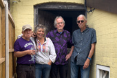 After-gig posing. Who can keep a serious face?FiddleBop at the Six Bells, Bishops Castle, 16 August 2026