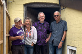 After-gig posing, Nope, no serious faces here. FiddleBop at the Six Bells, Bishops Castle, 16 August 2026