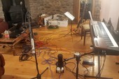 Tidying away after FiddleBop's recording session on 15 Feb 2020