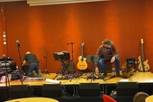 Ian and Dave setting up, pre-gig, at the Dragon Theatre, Barmouth, on 25 September 2026