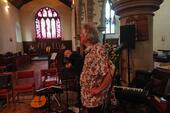 Setting up our equipment in St Mary's: FiddleBop at Brecon Jazz festival, August 2023